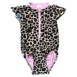 CAT & JACK Girls Swim Suit Cheetah Zip Up Short sleeve Snap one‎ piece, Size 2T